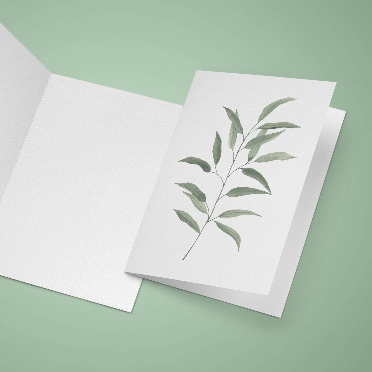 White textured greeting card with eucalyptus watercolour illustration on a light green background