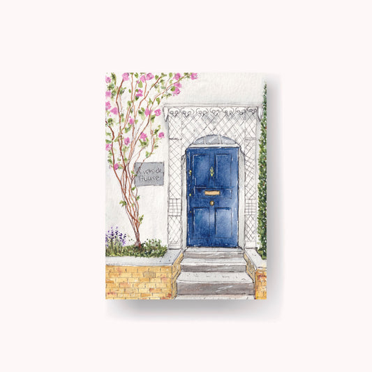 london house print of blue door and pink roses