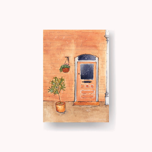 london art print of an orange door and facade
