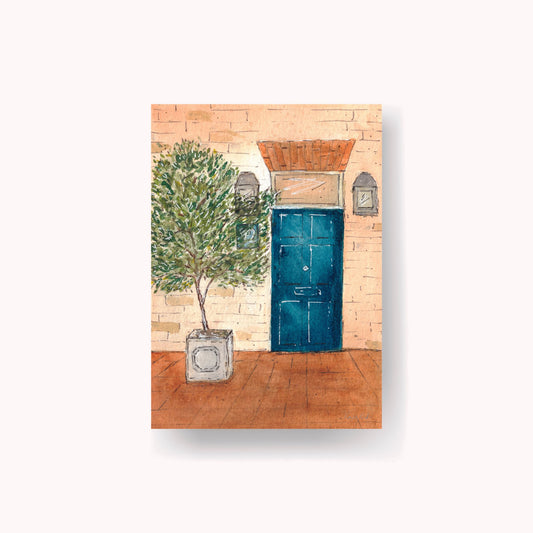 teal door and olive tree print