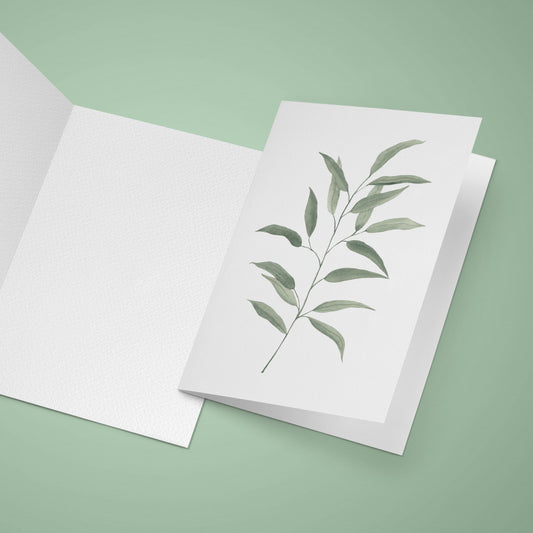 White textured greeting card with eucalyptus watercolour illustration on a light green background