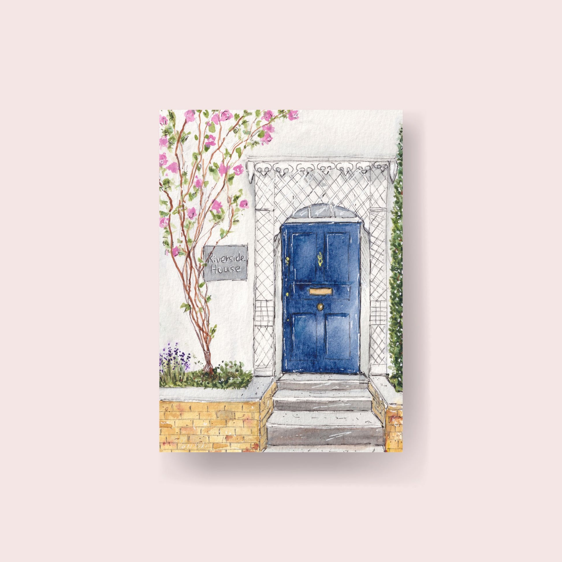 london door painting print with blue door and pink roses