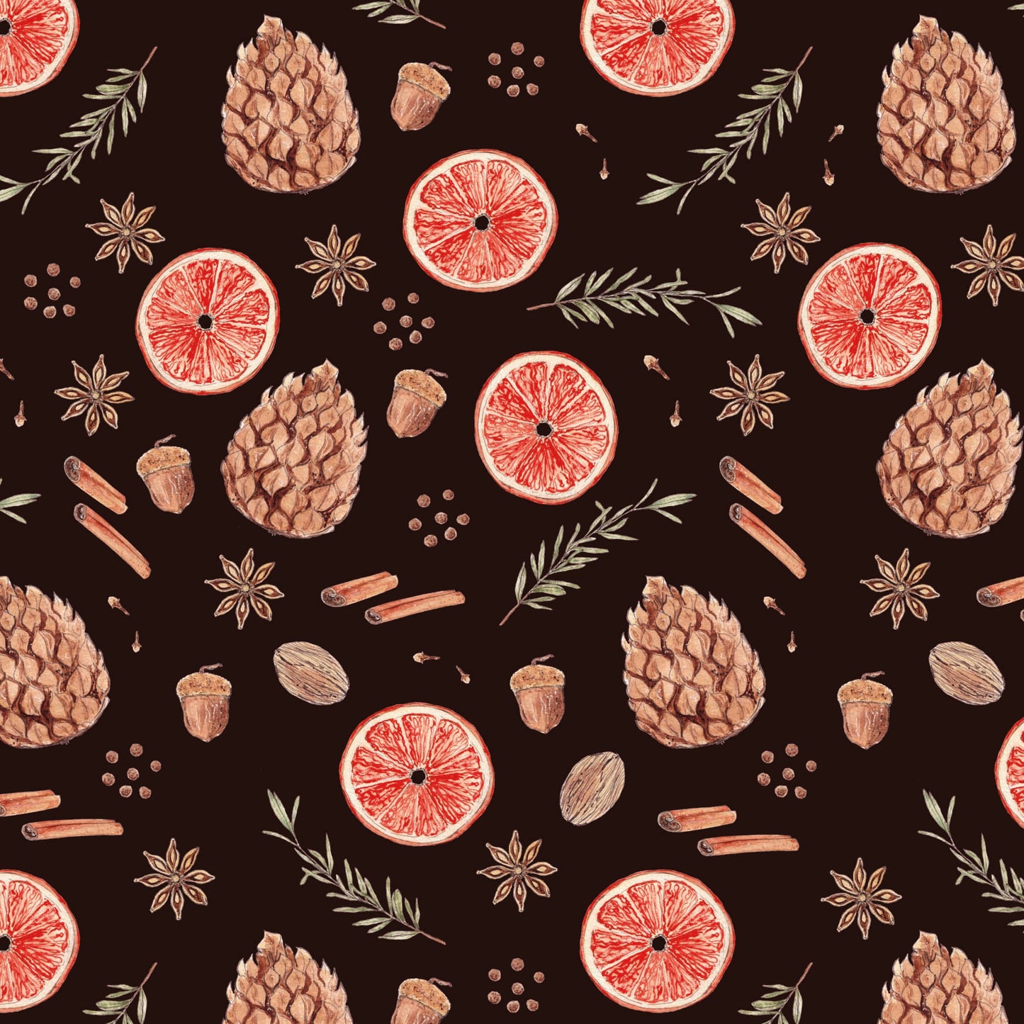Pattern of sliced grapefruits, pinecones, and cinnamon sticks on a black background