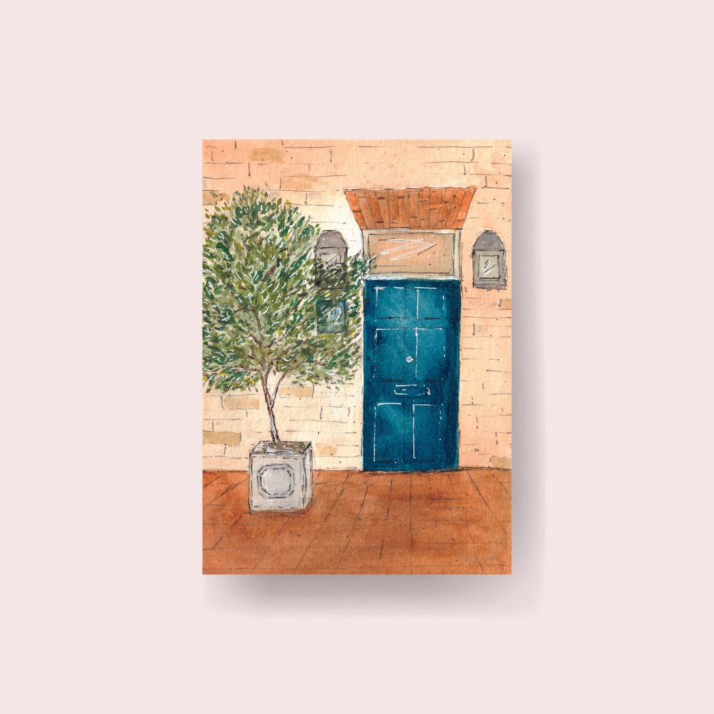 teal door and olive tree facade of london house art print